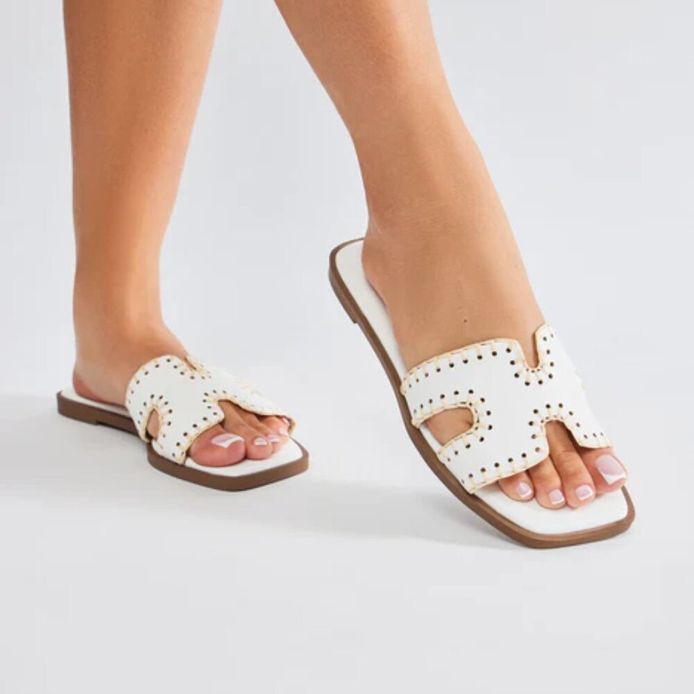White stitched flat sandal women's size 5.5